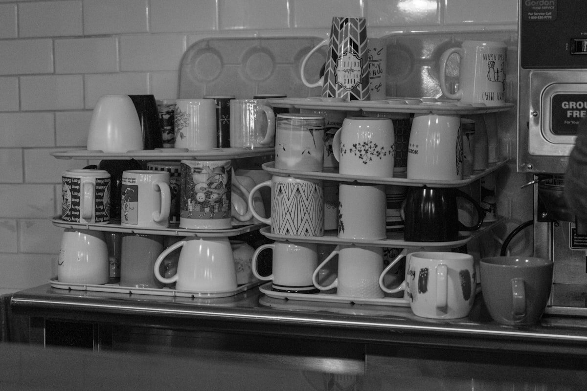 A cup of coffee on a cafe counter