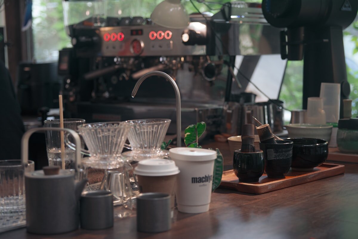 A cup of coffee on a cafe counter