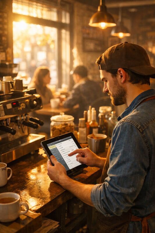 barista checks statistics of his cafe